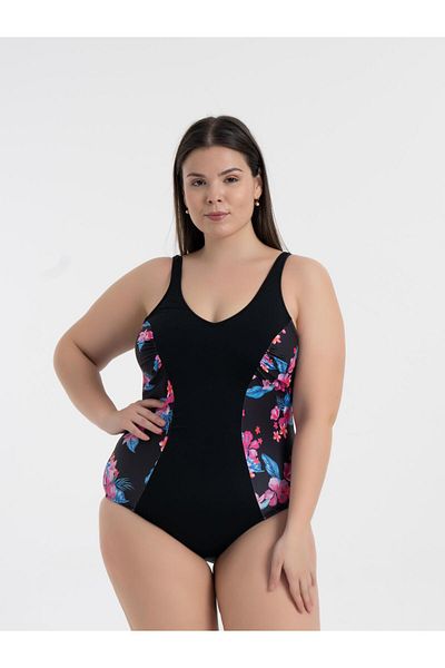 AQUAVİVA Aquaviva Women's Black Floral Pattern Plus Size Edna V Neck Gathering Swimsuit