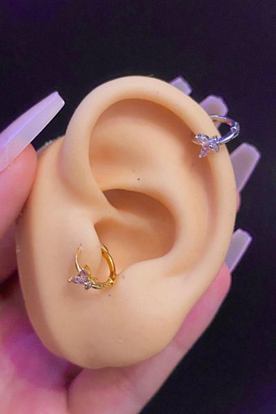 Blisse Piercing Women's Butterfly Figured Pink Zircon Stone Tragus Helix Daith Cartilage Ring Steel Piercing
