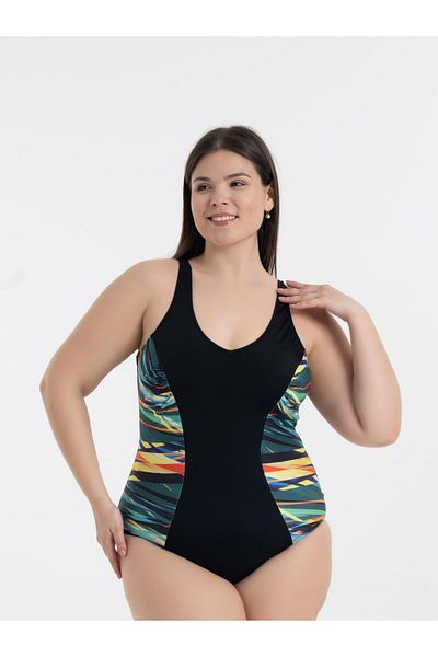 AQUAVİVA Aquaviva Women's Black Mixed Pattern Plus Size Edna V-Neck Gathering Swimsuit