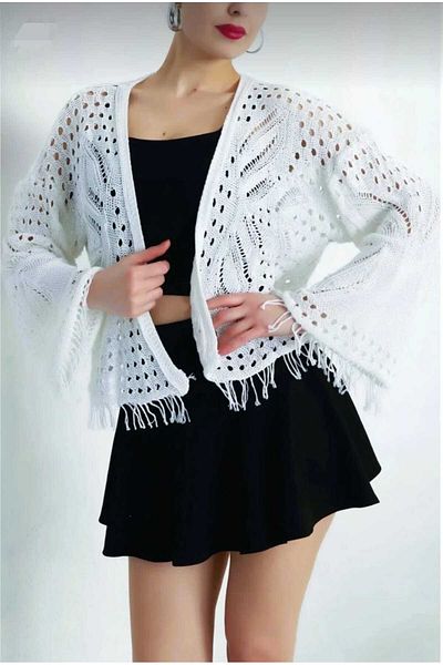 trikomode White Spanish Sleeve Tasseled Detailed Openwork Seasonal Women's Cotton Cardigan