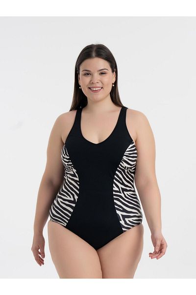 AQUAVİVA Aquaviva Women's Black Zebra Pattern Large Size Edna V-Neck Gathering Swimsuit