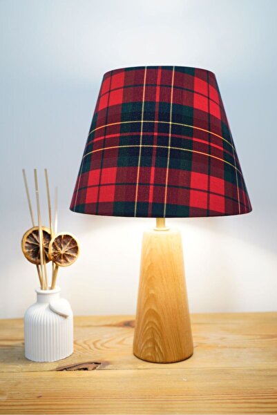 retro home design Ahşap Ayaklı Kırmızı Kareli Baskılı Model Abajur Yatak Odas...