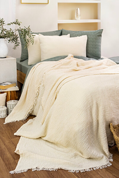 YASEMİNİNEVİ Muslin / Ecru/Ivory Natural Bedspread Pique (200X230Cm) + 2 Pillowcases
