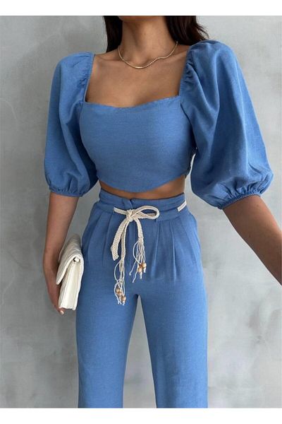 MRA Fashion Linen Crop Watermelon Sleeve Bluz-Pants with Straw Belt - Blue