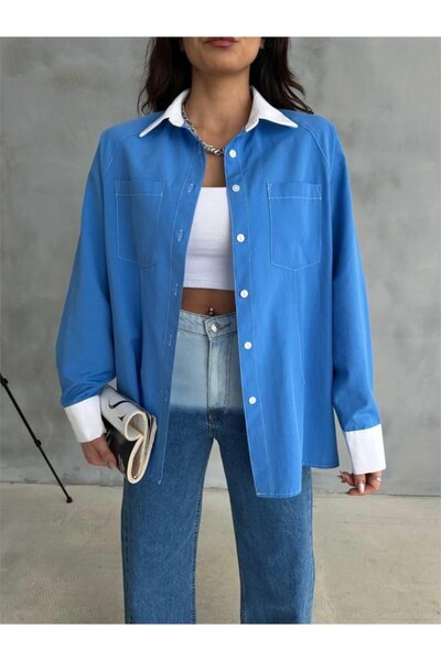 JANES Сорочка з білими рукавами та манжетами, з деталями на комірі - Синя