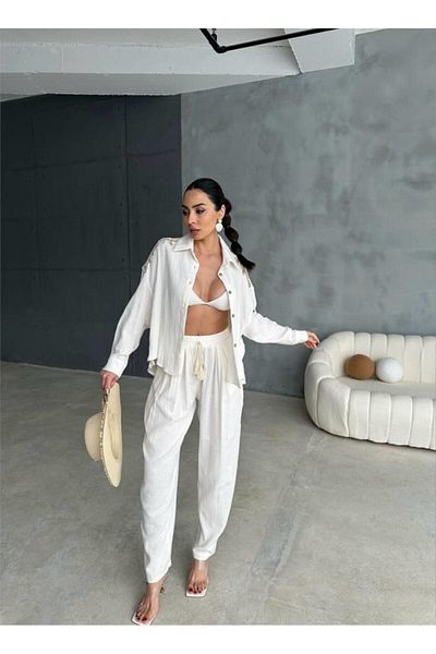Modayakamoz Shoulder Fringe Seashell Shirt - Trousers Suit - Ecru