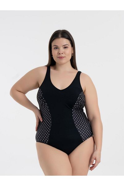 AQUAVİVA Aquaviva Women's Black Polka Dot Plus Size Edna V-Neck Gathering Swimsuit