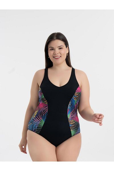AQUAVİVA Aquaviva Women's Black Tropical Pattern Plus Size Edna V Neck Gathering Swimsuit