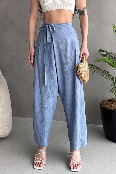bacc Women's Blue Tie-Up Wrap Cut Loose Linen Woven Trousers
