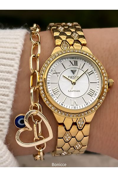 Fiesta Brand Steel Cord Elegant Simple Model Gold Yellow Color Engagement, Wedding, Bridal, Stylish Women's Wristwatch