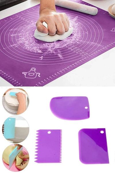 FBZhome Silicone Dough Rolling Mat with Scale Dough Rolling Mat and 3-Piece Dough Cutter Scraper Decorator Set