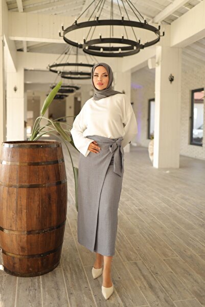 Avakado Side Tie Linen Blended Lined Skirt