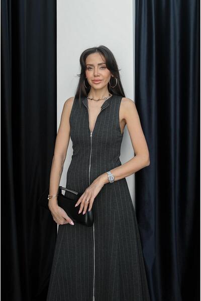 Havoş Anthracite Pinstripe Zipper Front Dress