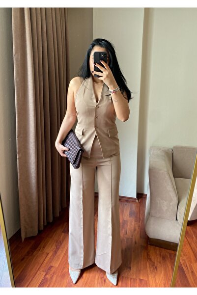 MODA Women's Halter Vest and Fabric Pants Tan Set