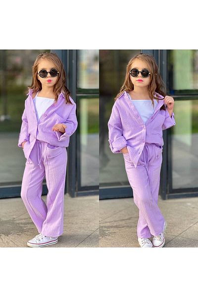 sinmm Lilac Color Set of 3 Girls' Muslin Muslin Bottom Set and Body