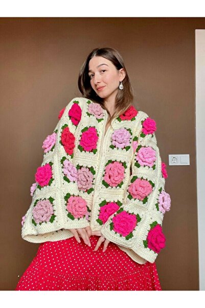 Melonndesign Gül Detaylı Kadın Hırka, tığ işi