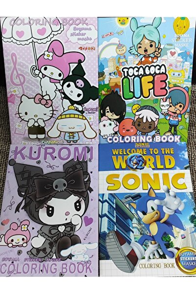 bundle island 4 adet stickerli boyama kitabı (hello kitty , kuromi , sonic , ...