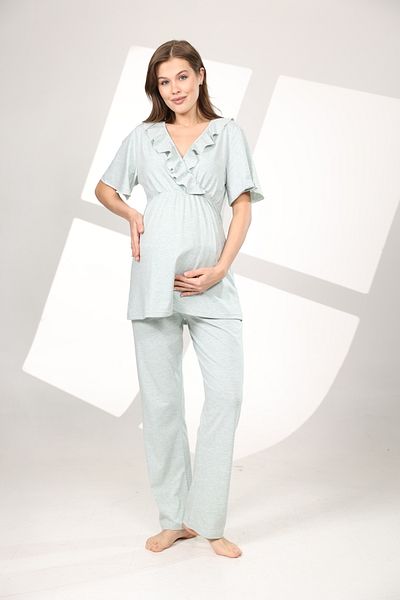 Hamile Tekstil Water Green Melange Frilly Double Breasted Maternity Pajama Set with Dressing Gown
