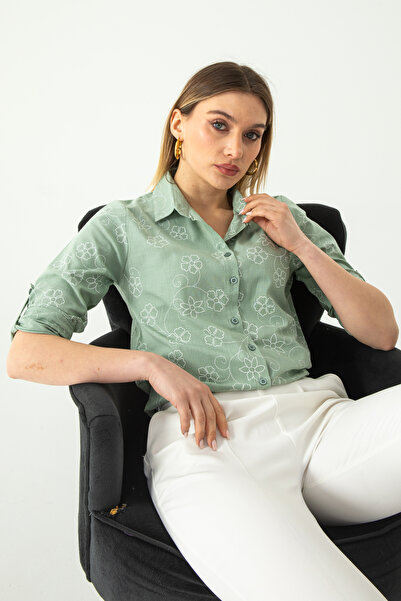 Nuevo Çağla Yeşili Sarmaşık Kol Katlamalı Keten Gömlek