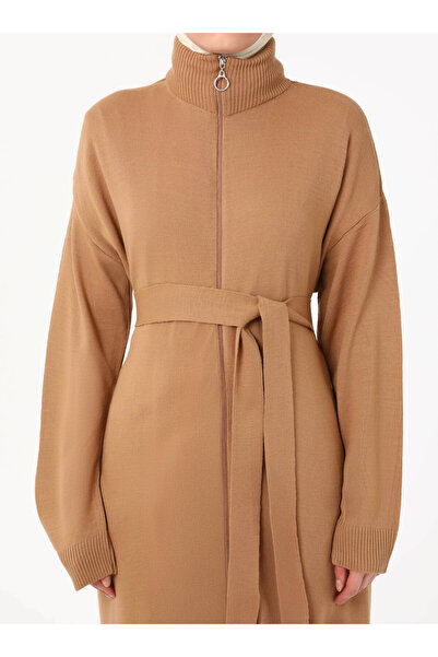 Benin Belt Detailed Neck Zippered Knitwear Cardigan - Camel - Benin