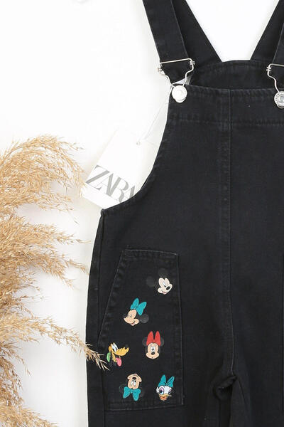 ZARİNA ünisex mickey detay siyah jean salopet-tulum