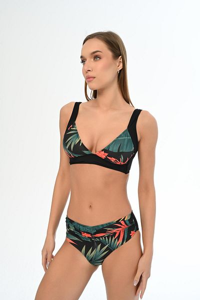 AQUAVİVA Aquaviva Black Leaf Patterned Women's Marinella Bikini Set with Adjustment Straps