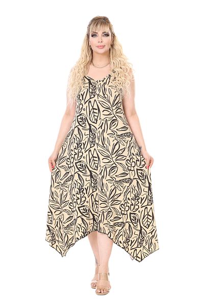 MELSAY Women's Strappy V Neck Beige Leaf Pattern Plus Size Dress