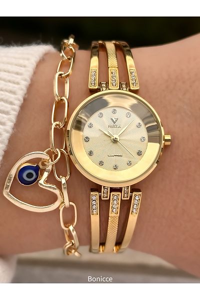 Fiesta Brand Steel Cord Elegant Simple Model Gold Yellow Color Engagement, Wedding, Bridal, Stylish Women's Wristwatch