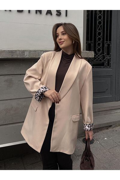 FERZOLAİO Cream Blazer Jacket with Leopard Lining