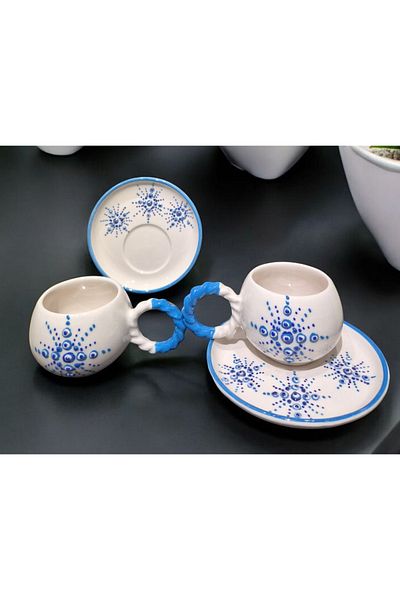 İZart Star Evil Eye Patterned Special Embossed Hand Embroidered 4 Piece 2 Person Cup Set