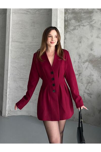 FERZOLAİO Beli Pleated Burgundy Blazer Jacket Dress