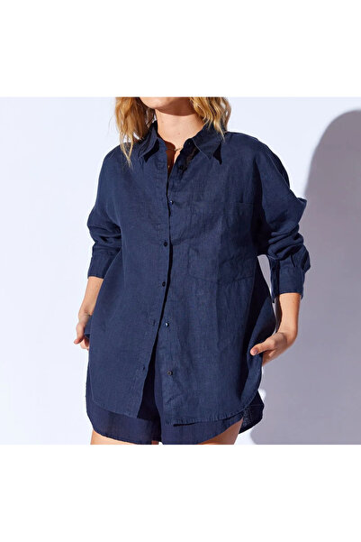 Style Oversize Uzun Keten Gömlek Lacivert