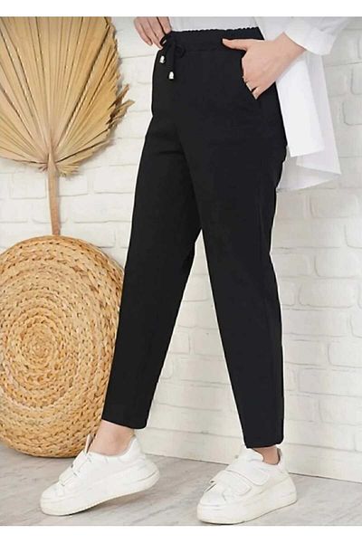 Birru Butik Women's Fabric Elastic Waist Pocket Detailed Large Size Carrot Cut Trousers