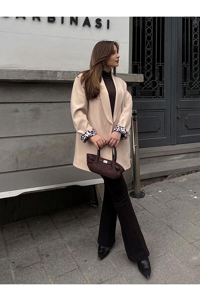 FERZOLAİO Cream Blazer Jacket with Leopard Lining