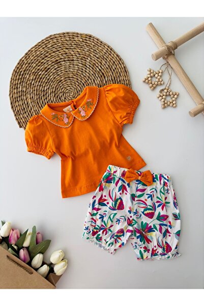 Minigimin Cicileri Floral Embroidered My Mini's Badi and Viscose Shorts Set for Baby Girl - Orange