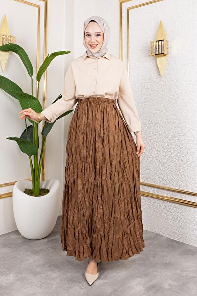 Moda Ebva Beli Lastikli Kraş Etek-2040 Kahve