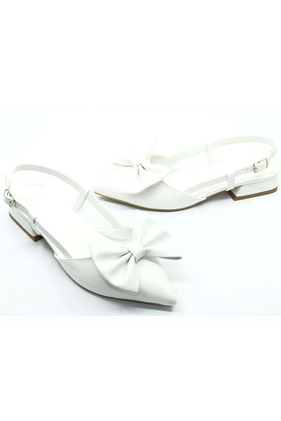 KCMN Feles Ribbon Detailed Open Back Women's Ballerina Shoes White