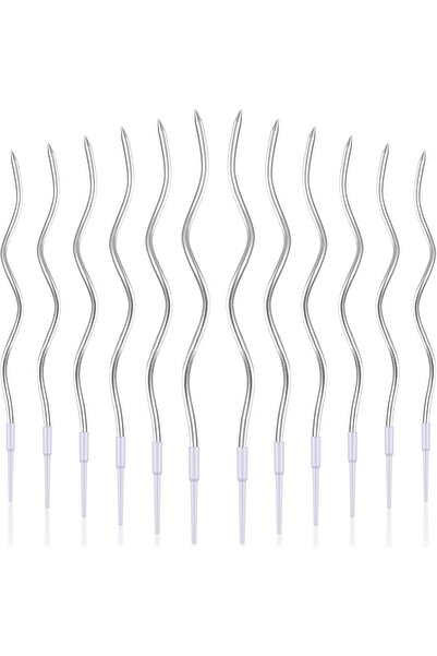 Home Zone ١٢ شمعة كعكة معدنية لولبية ملتوية لأعياد الميلاد، شموع كعكة رفيعة وطويلة مع حاملات (فضية)