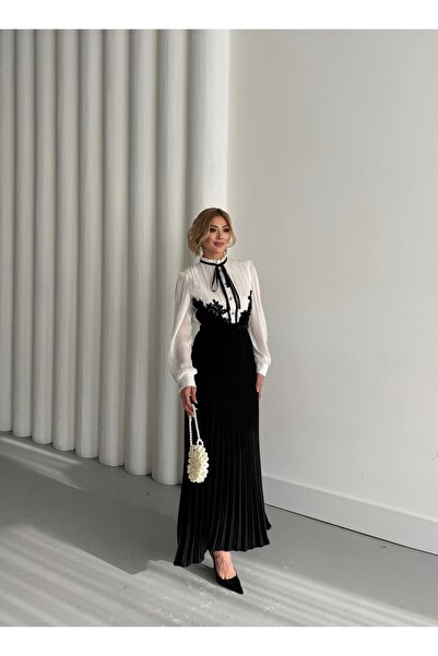 NSHIQ Kadın Şifon Kumaş Varak Baskı Detaylı Piliseli Astarlı Şık Elbise