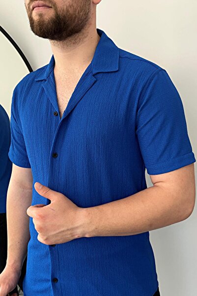 VİP LOKAL Sax Mavi Pamuklu Desenli Apaj Yaka Dokulu Likralı Kısa Kol Erkek Gömlek