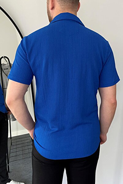 VİP LOKAL Sax Mavi Pamuklu Desenli Apaj Yaka Dokulu Likralı Kısa Kol Erkek Gömlek