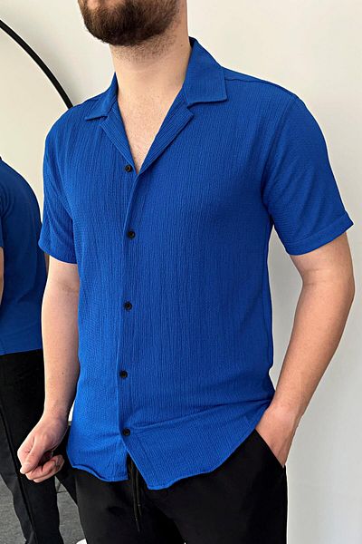VİP LOKAL Cămașă pentru bărbați cu mânecă scurtă din lycra cu guler apaj cu model din bumbac albastru sax