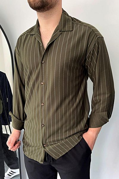 VİP LOKAL Πουκάμισο κρεπ ριγέ Lycra Khaki