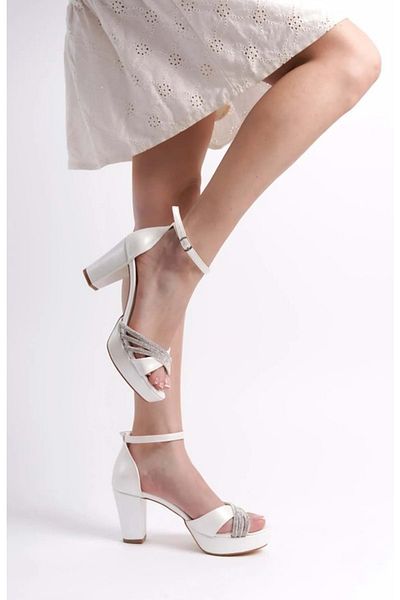 KCMN Sedef Platform-Heeled Women's Abire Shoes with Three Strips of Stone 10 cm