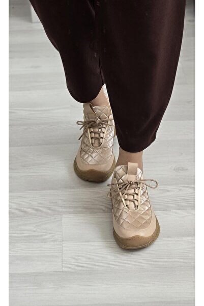 Melinta Shoes Melinta Kadın Spor  Kapitone Desen Kauçuk Taban Bej Ayakkabı