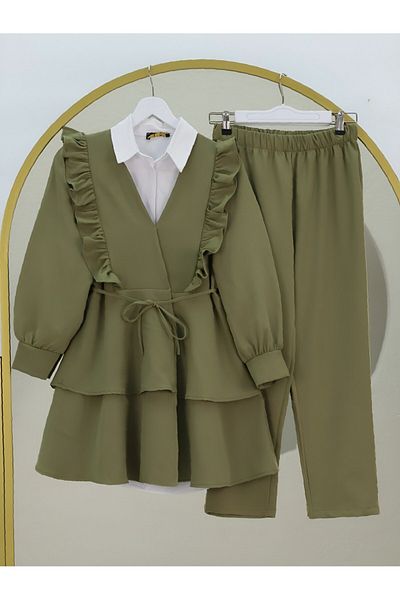 Modamorfo Ruffled Lace-Up Skirt with Front and Tiered Pants Kimono Set - Khaki