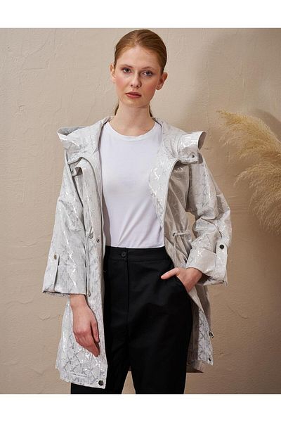 Kayra Gray Waist Gathered Jacquard Trench Coat
