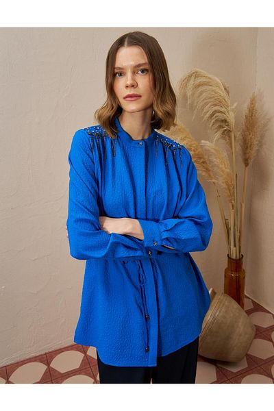 Kayra Cobalt Blue Seersucker Tunic - Waist Drawstring