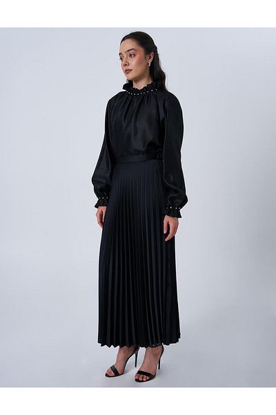 Kayra Fusta din Satin cu Talie Inalta - Model Negru Pliat