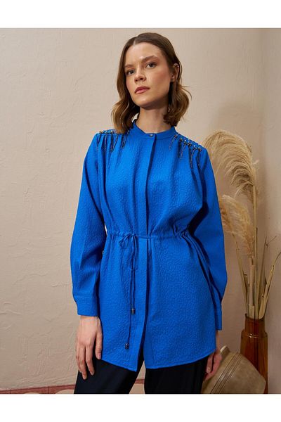Kayra Cobalt Blue Seersucker Tunic - Waist Drawstring